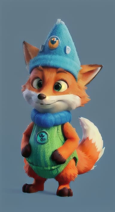  {Error the fox pressing the blue button with his paw, looking puzzled as nothing occurs., Error is a small, bright orange fox with a fluffy tail and big, inquisitive eyes. He has a mischievous yet kind expression and wears a tiny green scarf.