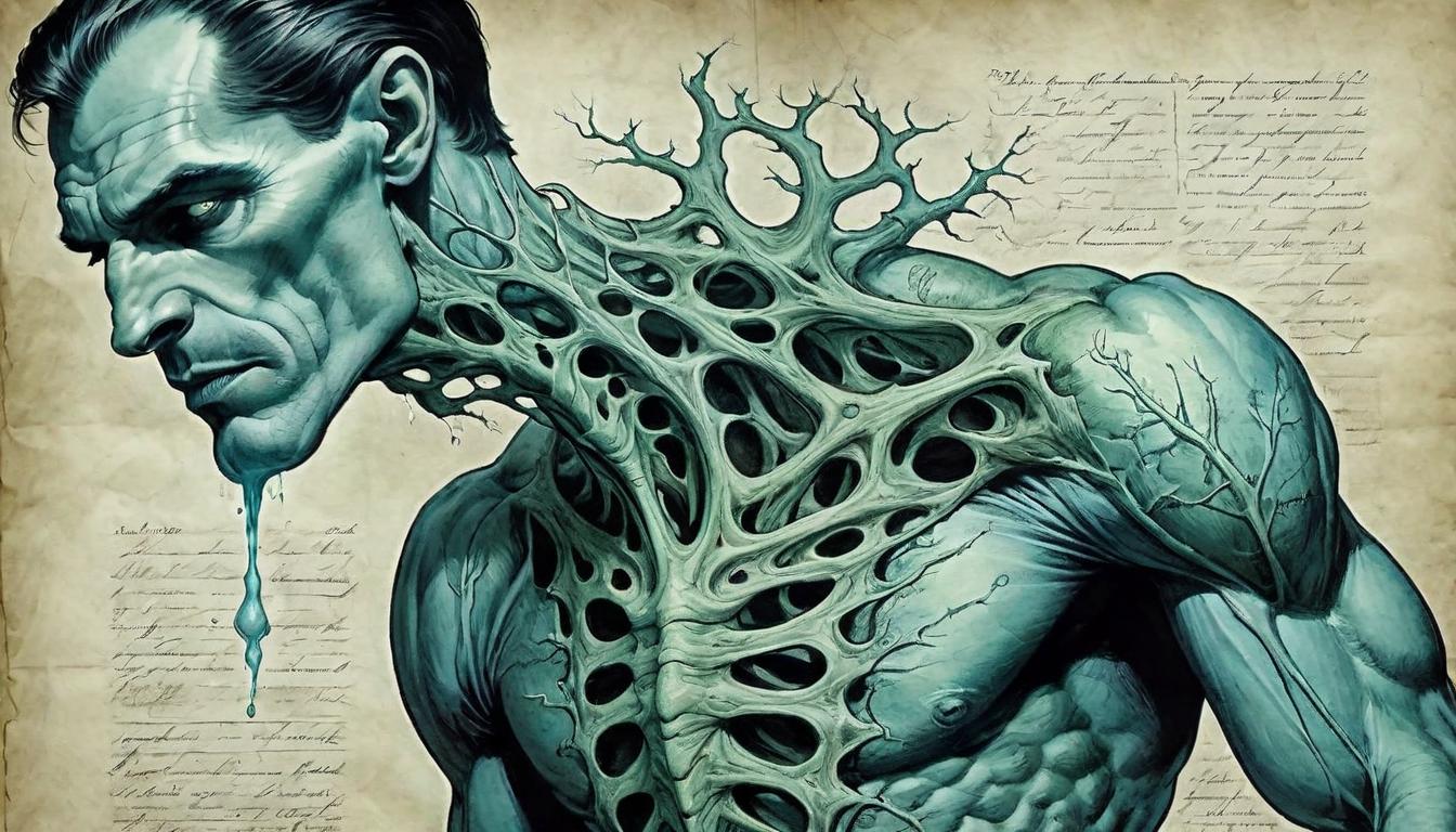  on parchment, surrealism+++, Close up of a neck, veins unnaturally pronounced, pulsating, sense of abnormality, faint blue green hue, stark lighting, unsettling(mysterious, provocative, symbolic,muted color)+++