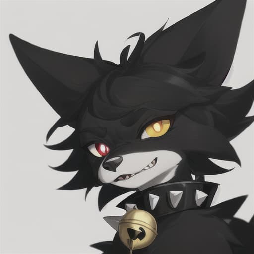  a furry with black fur, 4 eyes, red pupils and yellow eyes, big ears and a spiked collar with a white bell on it