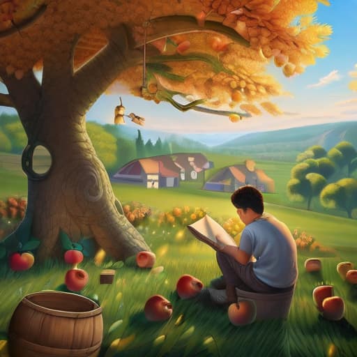  "Generate an image of a young boy with remarkable drawing skills, sitting under a village apple tree, drawing an amazingly detailed image of the tree. The villagers are admiring his work and the boy is smiling happily, pleased with his masterpiece. The background is a serene fall village with a lush apple tree filling the village with fresh apple fragrance. Include various forest animals and villagers who are amazed by the boy's talent. The style of the image should be warm and cheerful, emphasizing the green apple tree and stunning autumn natural landscapes, thus conveying a comfortable and happy sentiment."((masterpiece)), best quality, very detailed, high resolution, sharp, sharp image, extremely detailed, 4k, 8k, in-frame hyperrealistic, full body, detailed clothing, highly detailed, cinematic lighting, stunningly beautiful, intricate, sharp focus, f/1. 8, 85mm, (centered image composition), (professionally color graded), ((bright soft diffused light)), volumetric fog, trending on instagram, trending on tumblr, HDR 4K, 8K