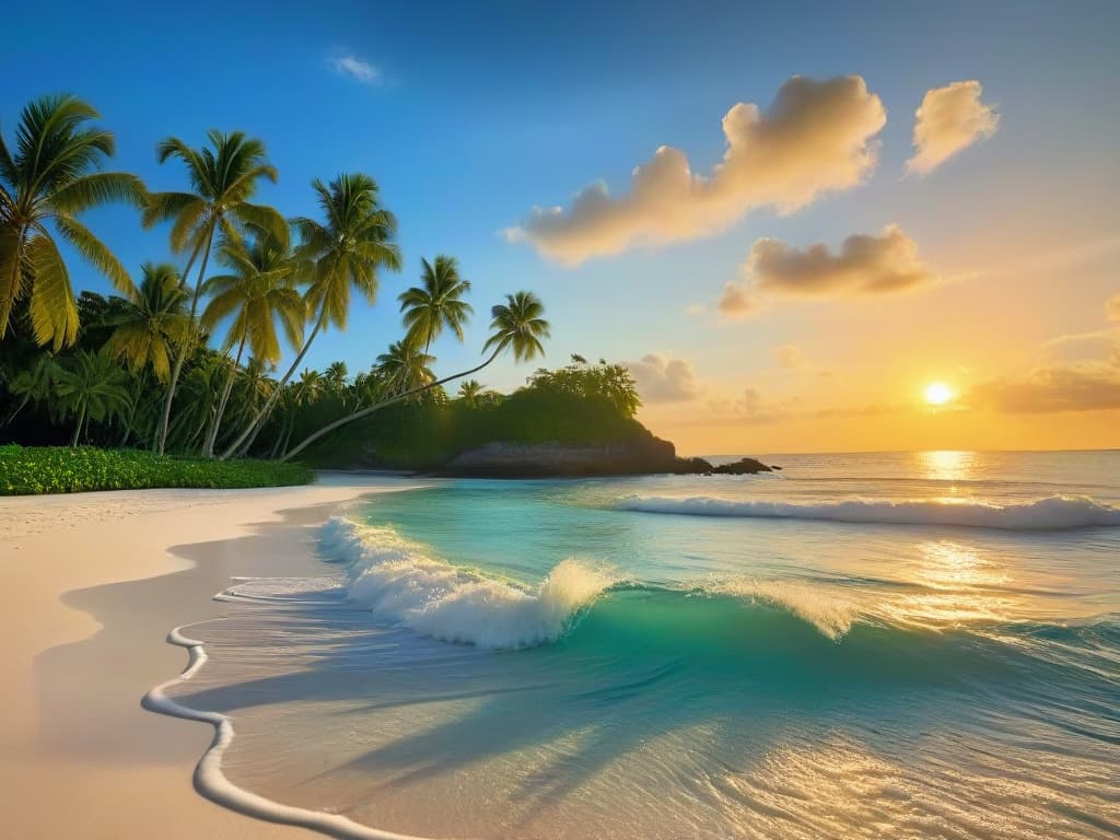  A vibrant and detailed image of a luxurious tropical paradise setting with a pristine white sandy beach, crystal clear turquoise waters, lush green palm trees swaying gently in the breeze, and a colorful array of tropical flowers blooming in the foreground. The sun is setting in the background, casting a warm golden glow over the scene, creating a serene and inviting atmosphere perfect for a baking retreat in an exotic destination. hyperrealistic, full body, detailed clothing, highly detailed, cinematic lighting, stunningly beautiful, intricate, sharp focus, f/1. 8, 85mm, (centered image composition), (professionally color graded), ((bright soft diffused light)), volumetric fog, trending on instagram, trending on tumblr, HDR 4K, 8K