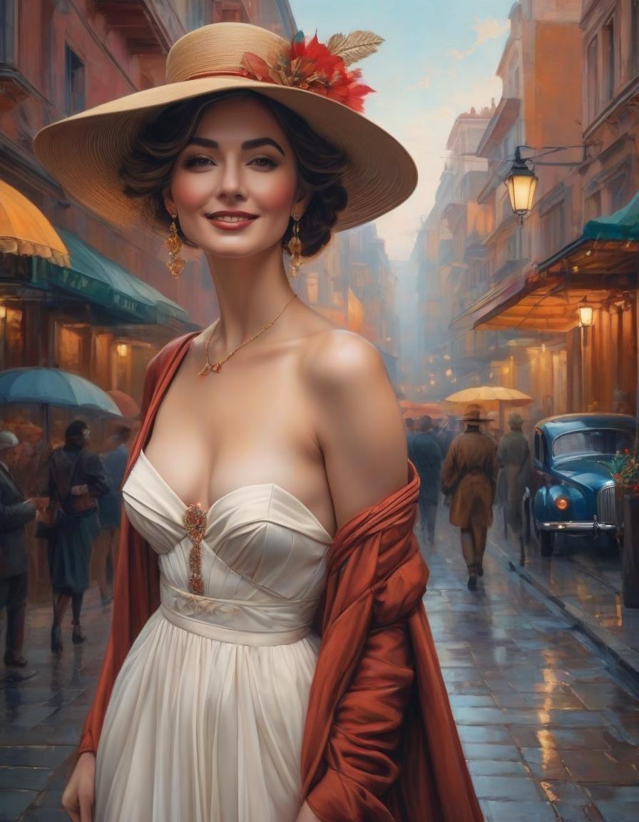  Masterpiece, (oil painting: 1.3), Art Deco, retro, portrait of a beautiful lady in a hat and a long white dress, fashion of art deco, walking down a city street with a happy smile, drawing in the style of Helen Lam, vivid background with brown tints in the style of Gustav Klimt, detailed, complex, with many patterns and ornaments, red, blue, green, yellow colors, extremely high detail resolution, photographic realism, brought to perfection, delicate texture, incredibly realistic. hyperrealistic, full body, detailed clothing, highly detailed, cinematic lighting, stunningly beautiful, intricate, sharp focus, f/1. 8, 85mm, (centered image composition), (professionally color graded), ((bright soft diffused light)), volumetric fog, trending on instagram, trending on tumblr, HDR 4K, 8K