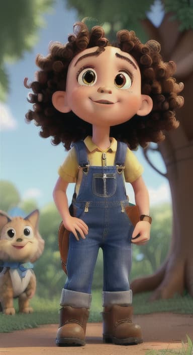  {Riley looking up at the tree with a big smile, animals surrounding them., Riley, a curious with big brown eyes and curly hair, wearing overalls and carrying a small backpack. Their friend, Skye, a bluebird with shiny feathers.