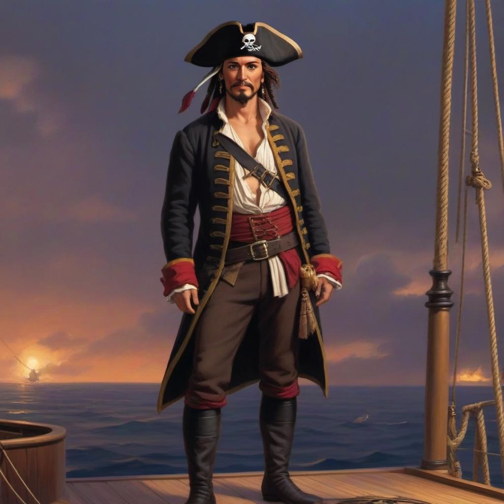  A pirate stands on the deck of a one-masted sailboat. The physique is thin. Small s. the face has sharp features. The grins haughtily. brown jacket, black canvas trousers, hair tied with a black ribbon. In the left hand there is a harpoon.