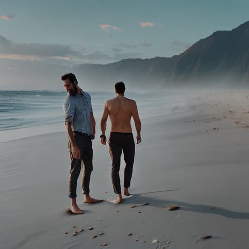 analog style a in on beach with two male friend hyperrealistic, full body, detailed clothing, highly detailed, cinematic lighting, stunningly beautiful, intricate, sharp focus, f/1. 8, 85mm, (centered image composition), (professionally color graded), ((bright soft diffused light)), volumetric fog, trending on instagram, trending on tumblr, HDR 4K, 8K