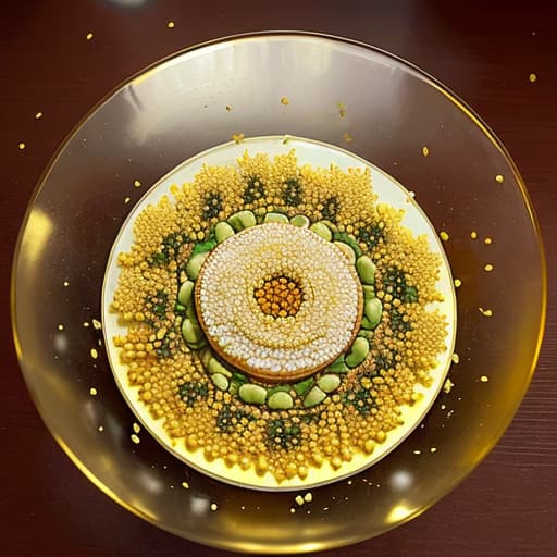  The picture shows the finished lotus seed glutinous rice cake, sprinkled with golden osmanthus flowers on top, placed in a transparent glass bowl,