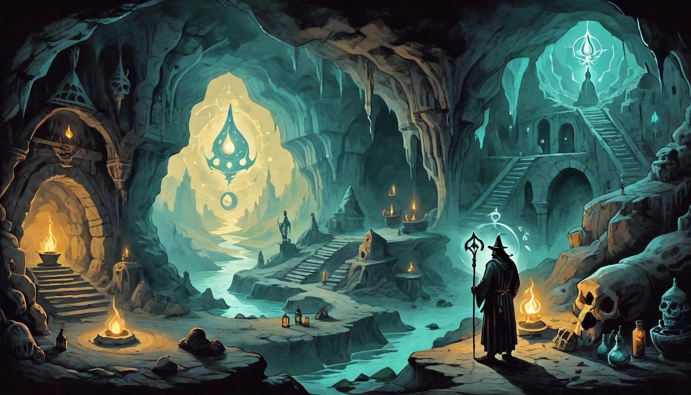  on parchment, surrealism+++, Alchemical symbols glowing on the walls of an ancient cave, shadows of a figure experimenting with mystical concoctions, transmutation of darkness into enlightenment, ancient rituals of change, cave as crucible, echoes of arcane wisdom.(mysterious, provocative, symbolic,muted color)+++