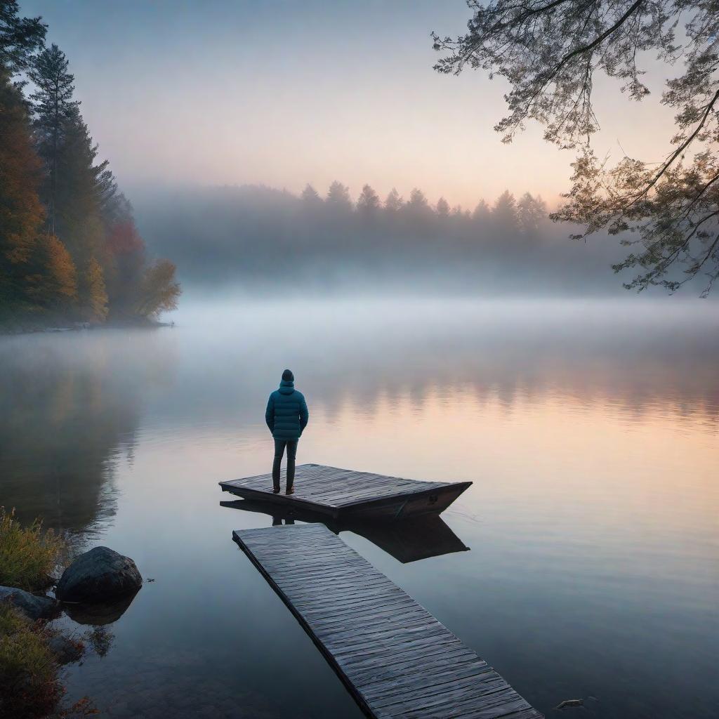  A serene lakeside scene at dawn, with mist rising off the water. hyperrealistic, full body, detailed clothing, highly detailed, cinematic lighting, stunningly beautiful, intricate, sharp focus, f/1. 8, 85mm, (centered image composition), (professionally color graded), ((bright soft diffused light)), volumetric fog, trending on instagram, trending on tumblr, HDR 4K, 8K