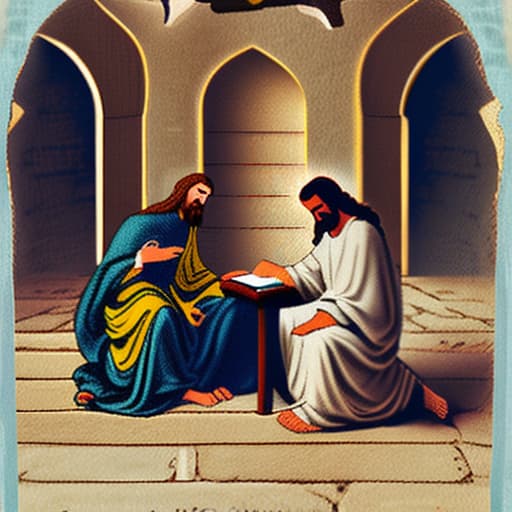 wa-vy style Jesus Christ reading the Bible to a old boy, who is and has slightly curly hair