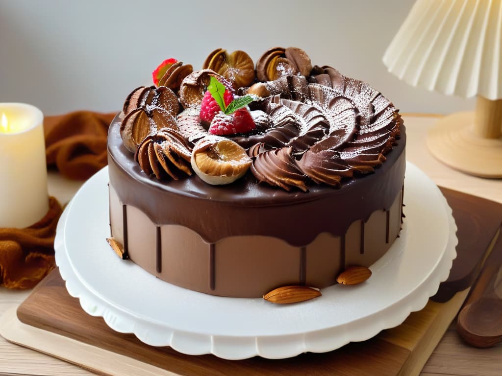  A closeup, photorealistic image of a decadent sugarfree chocolate cake topped with a generous amount of mixed nuts like almonds, walnuts, and hazelnuts. The cake is beautifully decorated with swirls of sugarfree chocolate frosting and garnished with fresh raspberries and mint leaves on a white porcelain cake stand, set against a softfocus background to enhance the details of the cake and nuts. The lighting highlights the textures of the nuts and the glossy sheen of the chocolate frosting, making it an enticing and visually appealing image for a diabeticfriendly dessert article. hyperrealistic, full body, detailed clothing, highly detailed, cinematic lighting, stunningly beautiful, intricate, sharp focus, f/1. 8, 85mm, (centered image composition), (professionally color graded), ((bright soft diffused light)), volumetric fog, trending on instagram, trending on tumblr, HDR 4K, 8K