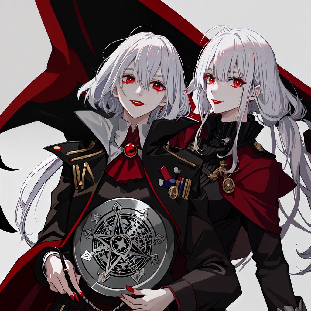  in an anime style, clown goth vampire skin female white messy pixie hair dark red lipstick wearing black military uniform doctor strange cape. evil smile glowing energy.