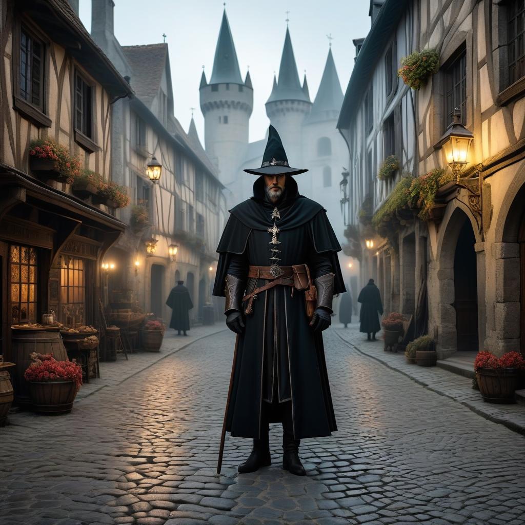  macabre style Medieval French town, square, wizards in capes, day [ Medieval French town, square, wizards in capes, day] . dark, gothic, grim, haunting, highly detailed, hkmagic hyperrealistic, full body, detailed clothing, highly detailed, cinematic lighting, stunningly beautiful, intricate, sharp focus, f/1. 8, 85mm, (centered image composition), (professionally color graded), ((bright soft diffused light)), volumetric fog, trending on instagram, trending on tumblr, HDR 4K, 8K