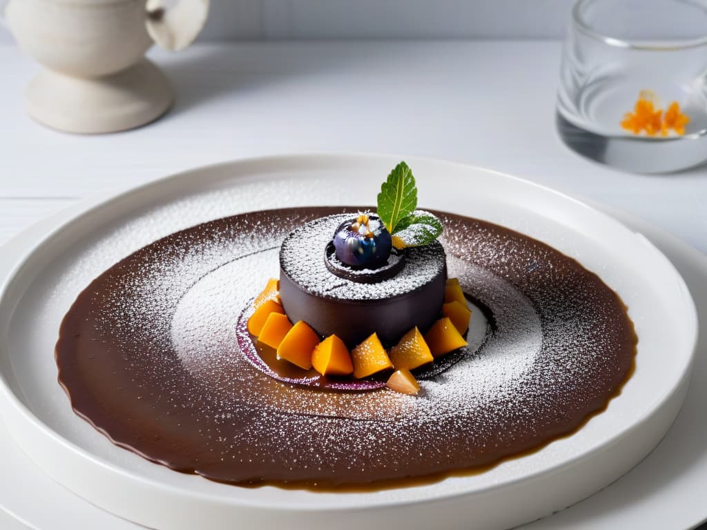  A highresolution, minimalist image of a beautifully plated and elegantly garnished dessert featuring zapote negro as the main ingredient. The dessert is presented on a sleek, modern white plate, showcasing the rich, deep color of the zapote negro against the clean background. The dish is artfully styled with delicate edible flowers and a dusting of powdered sugar, exuding an air of sophistication and culinary artistry. The lighting is soft and highlights the textures and details of the dessert, inviting the viewer to appreciate the beauty and complexity of this unique sweet treat. hyperrealistic, full body, detailed clothing, highly detailed, cinematic lighting, stunningly beautiful, intricate, sharp focus, f/1. 8, 85mm, (centered image composition), (professionally color graded), ((bright soft diffused light)), volumetric fog, trending on instagram, trending on tumblr, HDR 4K, 8K