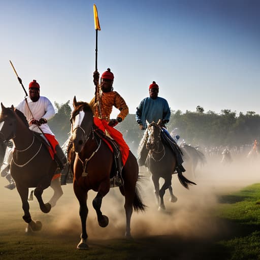  generate an image of Hausa thousands Warriors on horses stand their legs and raising dust hyperrealistic, full body, detailed clothing, highly detailed, cinematic lighting, stunningly beautiful, intricate, sharp focus, f/1. 8, 85mm, (centered image composition), (professionally color graded), ((bright soft diffused light)), volumetric fog, trending on instagram, trending on tumblr, HDR 4K, 8K