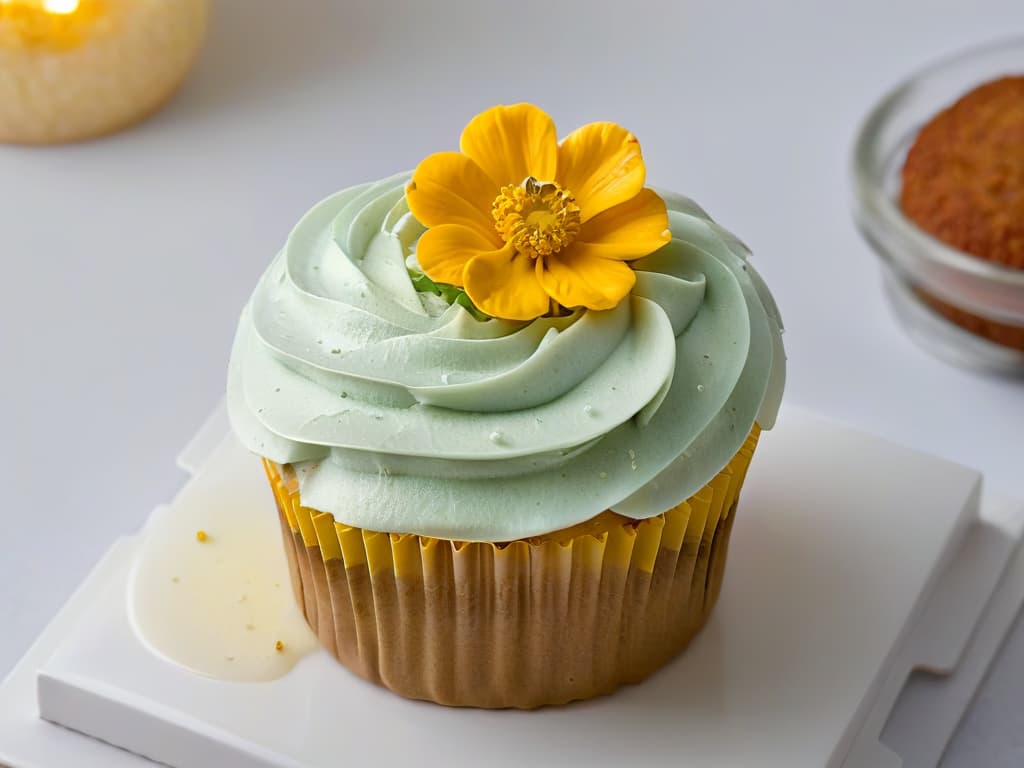  An ultradetailed closeup of a perfectly frosted vegan cupcake, topped with a delicate edible flower and a sprinkle of gold dust, set against a clean, white background. hyperrealistic, full body, detailed clothing, highly detailed, cinematic lighting, stunningly beautiful, intricate, sharp focus, f/1. 8, 85mm, (centered image composition), (professionally color graded), ((bright soft diffused light)), volumetric fog, trending on instagram, trending on tumblr, HDR 4K, 8K