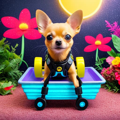  cute yellow chihuahua riding a bike and holding flowers, white background. show complete image., neon ambiance, abstract black oil, gear mecha, detailed acrylic, grunge, intricate complexity, rendered in unreal engine, photorealistic