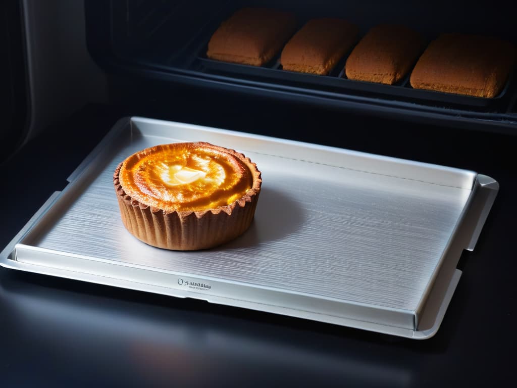  A closeup, ultradetailed image of a pristine aluminum baking tray, captured at a 45degree angle to showcase its sleek surface and intricate pattern of tiny, laserengraved heat distribution markings. The light bounces off the tray, emphasizing its flawless, mirrorlike finish, while a subtle reflection of a chef's hand wearing a protective oven mitt is visible in the corner, adding a human element to the otherwise minimalist composition. hyperrealistic, full body, detailed clothing, highly detailed, cinematic lighting, stunningly beautiful, intricate, sharp focus, f/1. 8, 85mm, (centered image composition), (professionally color graded), ((bright soft diffused light)), volumetric fog, trending on instagram, trending on tumblr, HDR 4K, 8K