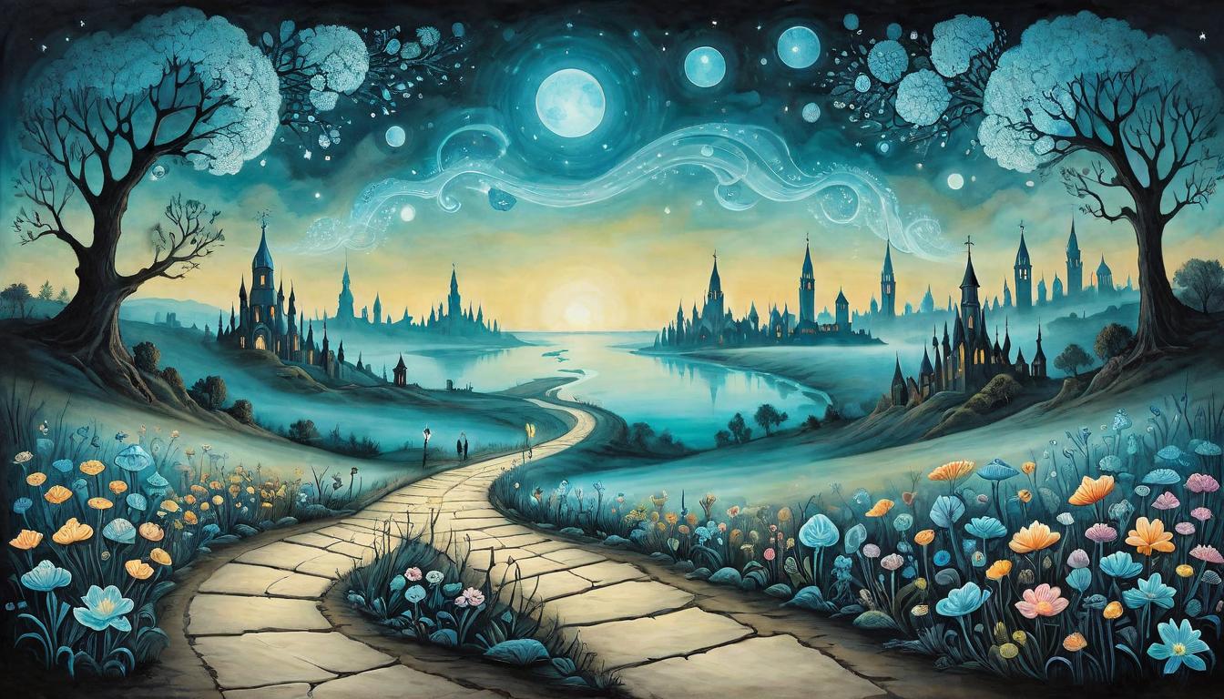  on parchment, surrealism+++, A path glowing with bioluminescent flowers leading towards a city of light on the horizon, purpose, journey, enlightenment(mysterious, provocative, symbolic,muted color)+++