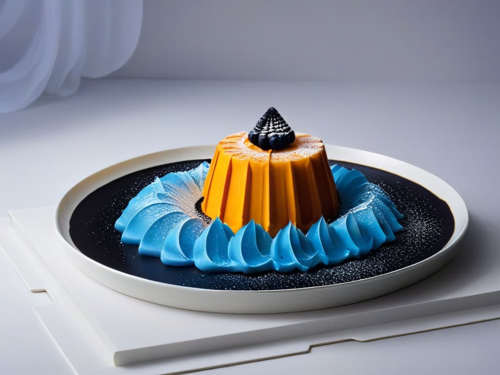  A sleek, modern 3Dprinted dessert featuring intricate geometric patterns and vibrant colors, displayed on a minimalist white plate against a stark black background. The dessert is a work of art, showcasing the cuttingedge collaboration between celebrities and 3D printing technology in the world of culinary arts. hyperrealistic, full body, detailed clothing, highly detailed, cinematic lighting, stunningly beautiful, intricate, sharp focus, f/1. 8, 85mm, (centered image composition), (professionally color graded), ((bright soft diffused light)), volumetric fog, trending on instagram, trending on tumblr, HDR 4K, 8K