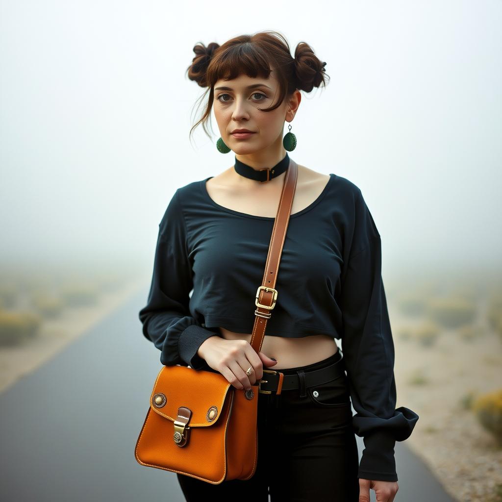  this editorial photography features a non binary senior with brunette hair styled in double buns. they are dressed in a bohemian outfit, complemented by combat boots and a tote bag as an accessory. the photo is captured using a leica sl2, known for its premium build and quality output, with a prime 35mm f/1.8 lens. the film used is cinestill 800t to enhance the foggy lighting ambiance, creating an intriguing visual texture.