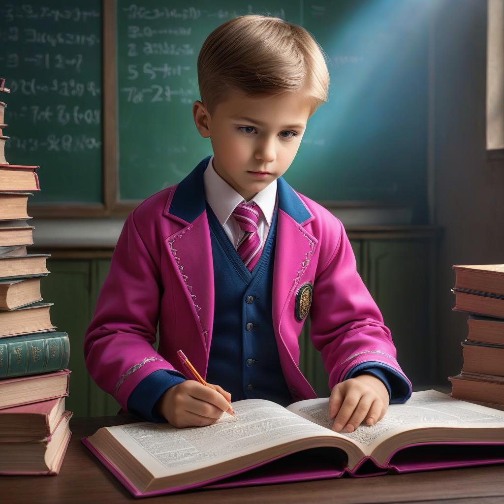  Boy with a math textbook. School math lesson. Russian school. The boy is learning mathematics and carefully reads the book. Pinkish shades, color fuschia, green or blue. School uniform, ordinary Russian schoolchild. hyperrealistic, full body, detailed clothing, highly detailed, cinematic lighting, stunningly beautiful, intricate, sharp focus, f/1. 8, 85mm, (centered image composition), (professionally color graded), ((bright soft diffused light)), volumetric fog, trending on instagram, trending on tumblr, HDR 4K, 8K