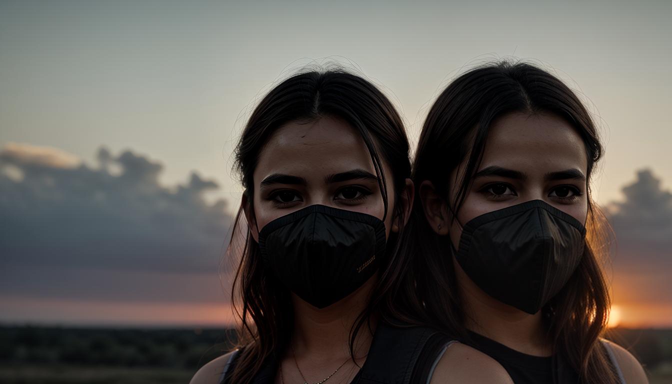  cinematic, aesthetic, A person with sealed lips, weathered face, holding a mask, standing in front of a vibrant sunset, shadows creeping from the sides, inner conflict, holding back, twilight mood, 4k, HDR, lens flare