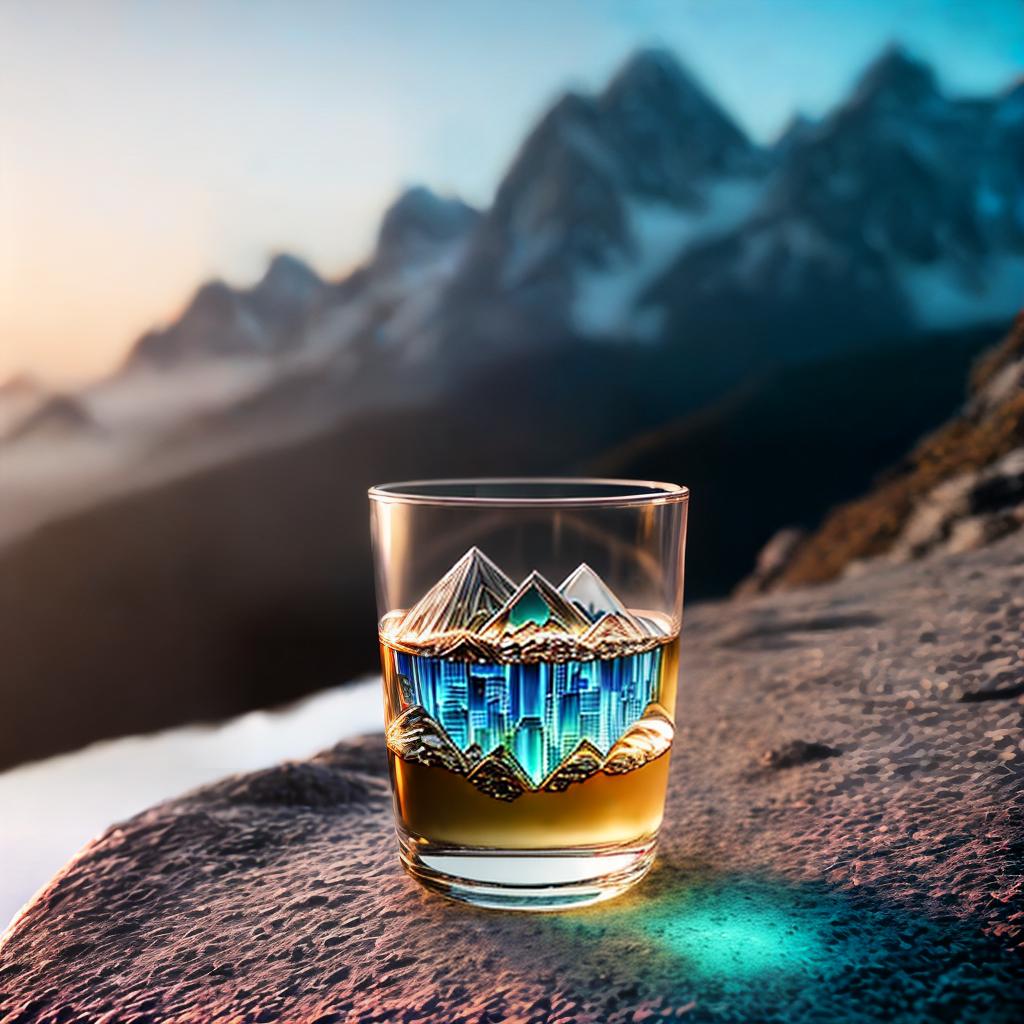  Logo of a glass in the mountains ,highly detailed, cinematic lighting, stunningly beautiful, intricate, sharp focus, f1. 8, 85mm, (centered image composition), (professionally color graded), ((bright soft diffused light)), volumetric fog, trending on instagram, trending on tumblr, HDR 4K, 8K