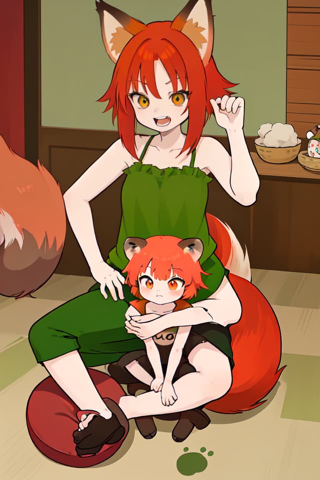  The red haired character of the fox ear and the green hair character of the raccoon ear, sitting down and kneading, shouting