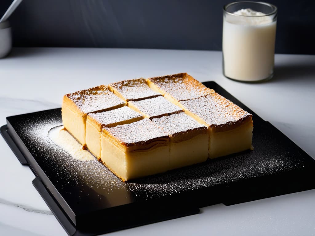  A minimalistic image of a goldenbrown blondie square topped with a sprinkle of powdered sugar, resting on a sleek matte black plate with a modern geometric pattern. The blondie is perfectly textured, showing layers of gooey goodness, with subtle hints of melted white chocolate chunks peeking through. The plate sits on a marble countertop, softly illuminated by natural light streaming in from a nearby window, casting a gentle shadow that highlights the edges of the dessert. hyperrealistic, full body, detailed clothing, highly detailed, cinematic lighting, stunningly beautiful, intricate, sharp focus, f/1. 8, 85mm, (centered image composition), (professionally color graded), ((bright soft diffused light)), volumetric fog, trending on instagram, trending on tumblr, HDR 4K, 8K