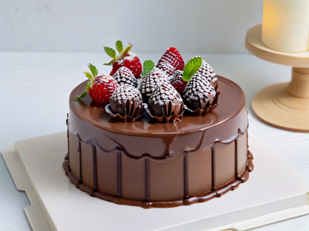  A photorealistic image of a decadent triplelayer chocolate cake topped with glossy ganache, surrounded by fresh raspberries and mint leaves on a sleek marble countertop. The cake is perfectly sliced to reveal its rich, moist interior, showcasing intricate layers of chocolate sponge, velvety chocolate mousse, and a luscious ganache filling. The light reflects off the smooth ganache surface, highlighting the intricate textures and vibrant colors of the dessert. hyperrealistic, full body, detailed clothing, highly detailed, cinematic lighting, stunningly beautiful, intricate, sharp focus, f/1. 8, 85mm, (centered image composition), (professionally color graded), ((bright soft diffused light)), volumetric fog, trending on instagram, trending on tumblr, HDR 4K, 8K