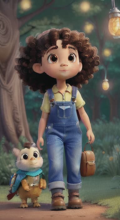  {The tree shining brightly and releasing a gentle, magical light., Riley, a curious with big brown eyes and curly hair, wearing overalls and carrying a small backpack. Their friend, Skye, a bluebird with shiny feathers.