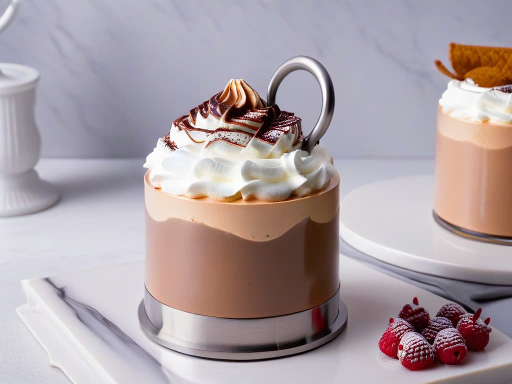  A closeup, photorealistic image of a sleek stainless steel siphon canister standing on a marble countertop. The siphon is filled with fluffy whipped cream, topped with a sprinkle of cocoa powder and garnished with a perfectly placed fresh raspberry. The soft lighting highlights the sheen of the metal and the rich texture of the cream, creating an elegant and enticing visual for the article on how kitchen siphons can revolutionize desserts. hyperrealistic, full body, detailed clothing, highly detailed, cinematic lighting, stunningly beautiful, intricate, sharp focus, f/1. 8, 85mm, (centered image composition), (professionally color graded), ((bright soft diffused light)), volumetric fog, trending on instagram, trending on tumblr, HDR 4K, 8K