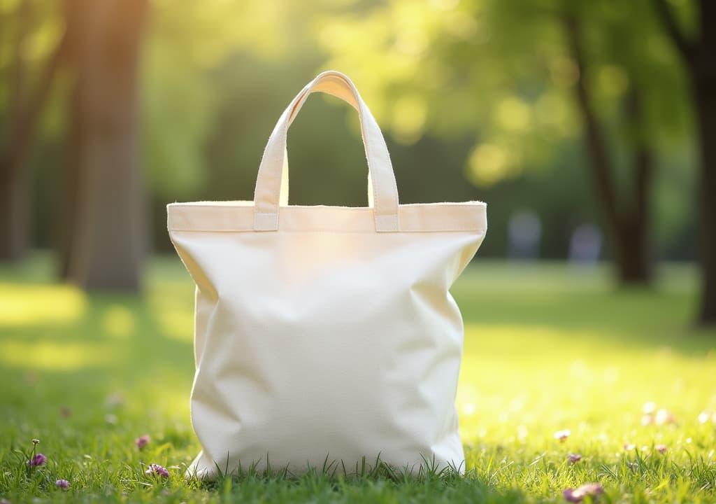  good quality, high quality, tote bag mockup concept image with a blank tote bag sitting outside in a park on sunny day for the large sturdy cloth unfastened bag with parallel handles with copy space