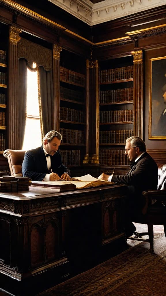  (A dimly lit, opulent office in the 19th century American South. Two well dressed, middle aged men sit at a large, ornate desk, engaged in a heated discussion. The walls are lined with shelves of ledgers and documents, hinting at the men's prosperous business dealings. The room has an air of wealth and power, reflecting the men's status as ruthless slave traders.) hyperrealistic, full body, detailed clothing, highly detailed, cinematic lighting, stunningly beautiful, intricate, sharp focus, f/1. 8, 85mm, (centered image composition), (professionally color graded), ((bright soft diffused light)), volumetric fog, trending on instagram, trending on tumblr, HDR 4K, 8K