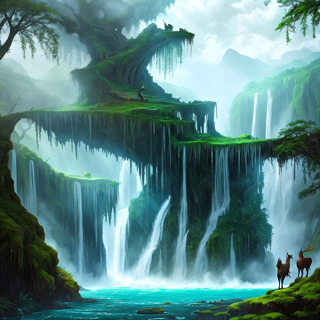  in a fantasy setting, Paint a surreal landscape where mythical beasts roam amidst cascading waterfalls.