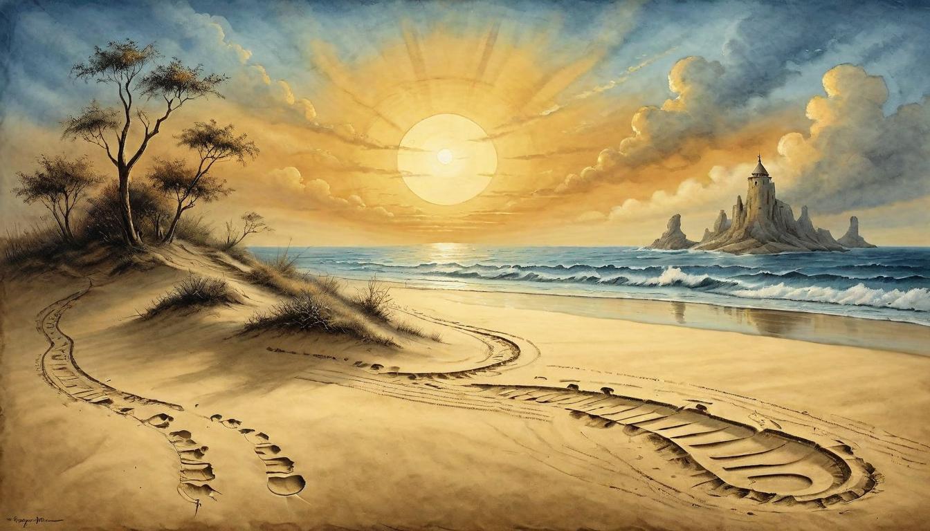  on parchment, surrealism+++, Footprints in the sand leading towards a rising sun on the horizon. Living principles with vigor, path signifies determination, sunrise symbolizes hope and renewal, journey forward, unwavering commitment(mysterious, provocative, symbolic,muted color)+++