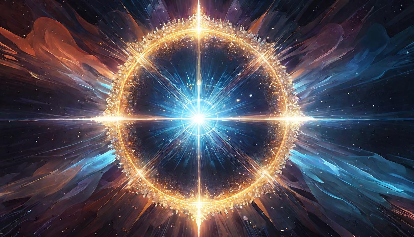  digital illustration, A crystal at the center of a circle of people, emitting pulses of light, channeling higher frequencies, collective harmonization, waves of light and love, crystalline connection, amplification of collective intent, looking at viewer, dynamic pose, (intricate details, masterpiece, best quality)