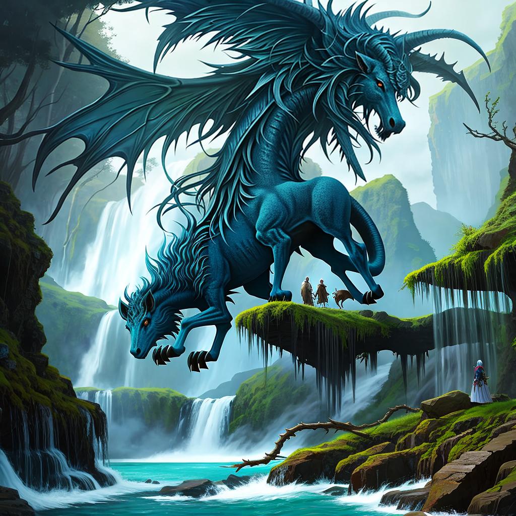  in a fantasy setting, Paint a surreal landscape where mythical beasts roam amidst cascading waterfalls.