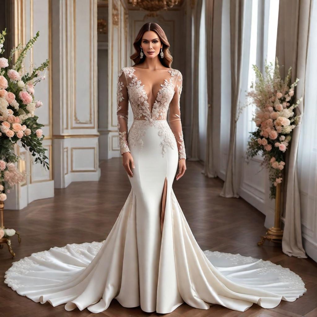  Elegant, long sleeve wedding dress with crystalline, floral patches and a long flowing train. The dress should exude sophistication and grace, suitable for a bridal ceremony. It should be well-fitted and have a romantic and luxurious appearance, incorporating the floral patch details in a subtle yet striking manner. hyperrealistic, full body, detailed clothing, highly detailed, cinematic lighting, stunningly beautiful, intricate, sharp focus, f/1. 8, 85mm, (centered image composition), (professionally color graded), ((bright soft diffused light)), volumetric fog, trending on instagram, trending on tumblr, HDR 4K, 8K