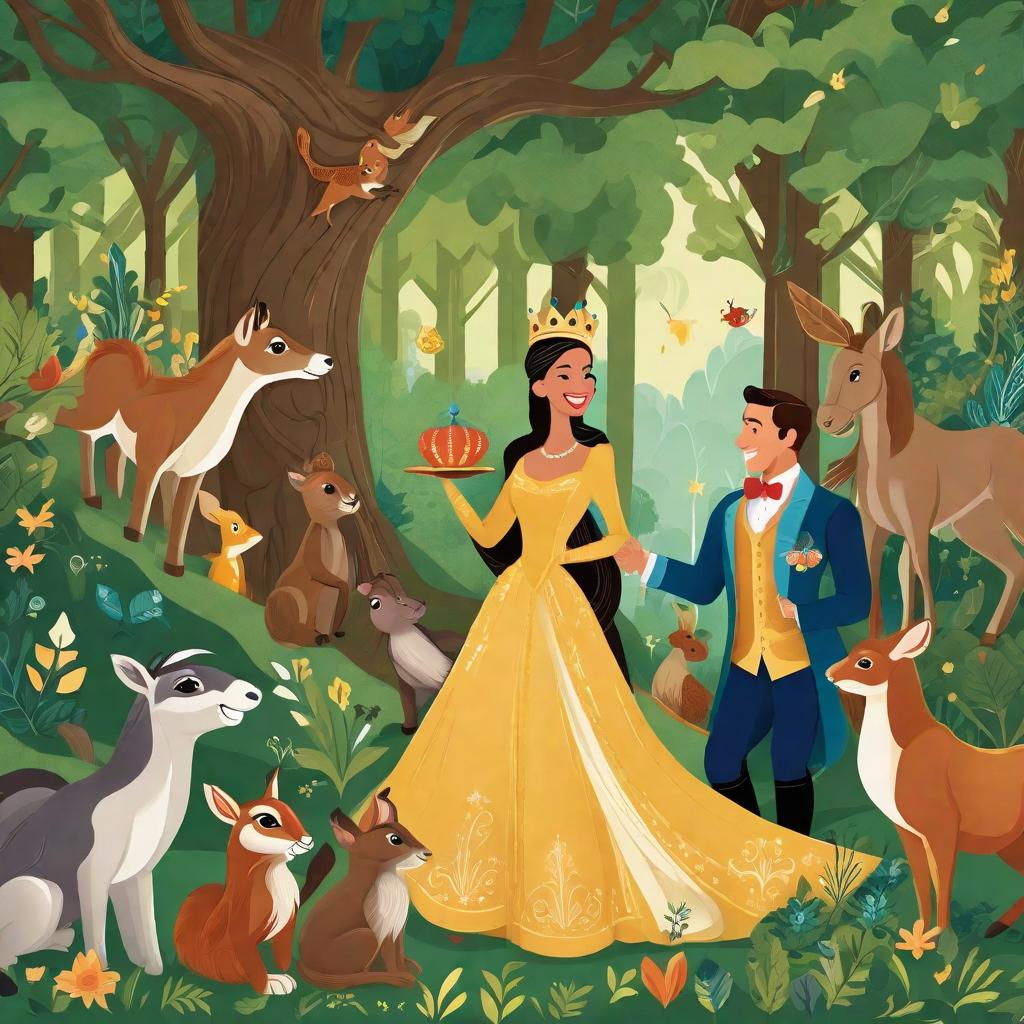  Prompt: In a lush and vint forest, a pony-tailed , donned in a beautiful long jewel-toned gown, and a young prince, wearing a regal outfit with a tiny crown, are sharing a joyous moment. The has a radiant smile as she cheerfully shares whimsical tales, surrounded by a group of various forest animals. Squirrels, rabbits, and birds appear to be lending eager ears to her stories, and a few even extend flowers as if to bless their happiness. They are ed in the soft glow of the setting sun, casting a delightful warmth over the scene. The ambiance is peaceful, calming yet filled with joy, capturing the eternal love and happiness the prince and share.((masterpiece)), best quality, very detailed, high resol hyperrealistic, full body, detailed clothing, highly detailed, cinematic lighting, stunningly beautiful, intricate, sharp focus, f/1. 8, 85mm, (centered image composition), (professionally color graded), ((bright soft diffused light)), volumetric fog, trending on instagram, trending on tumblr, HDR 4K, 8K