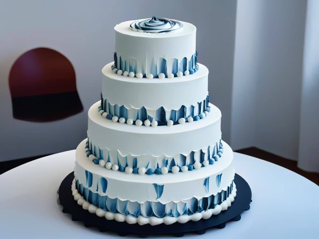  An ultradetailed closeup image of a chef's hands meticulously piping delicate swirls of frosting onto a multitiered wedding cake, showcasing precision and skill in a minimalistic black and white color scheme to evoke a sense of elegance and professionalism. hyperrealistic, full body, detailed clothing, highly detailed, cinematic lighting, stunningly beautiful, intricate, sharp focus, f/1. 8, 85mm, (centered image composition), (professionally color graded), ((bright soft diffused light)), volumetric fog, trending on instagram, trending on tumblr, HDR 4K, 8K