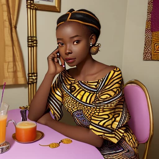  a young African lady sitting in her room beautifully decorated, she is has an earpiece in her ear and sitting at a table with a cup of juice on it