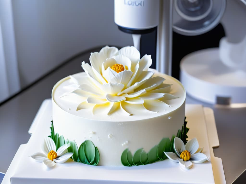  An ultradetailed 8k image showcasing a sleek and modern 3D printer in action, meticulously crafting a delicate and intricate sugar flower to top a beautifully designed cake. The printer's nozzle moves gracefully, depositing layers of edible materials with precision, capturing the essence of innovation and creativity in the world of pastry arts. The background is blurred, emphasizing the focus on the advanced technology merging with the artistry of pastry design. hyperrealistic, full body, detailed clothing, highly detailed, cinematic lighting, stunningly beautiful, intricate, sharp focus, f/1. 8, 85mm, (centered image composition), (professionally color graded), ((bright soft diffused light)), volumetric fog, trending on instagram, trending on tumblr, HDR 4K, 8K