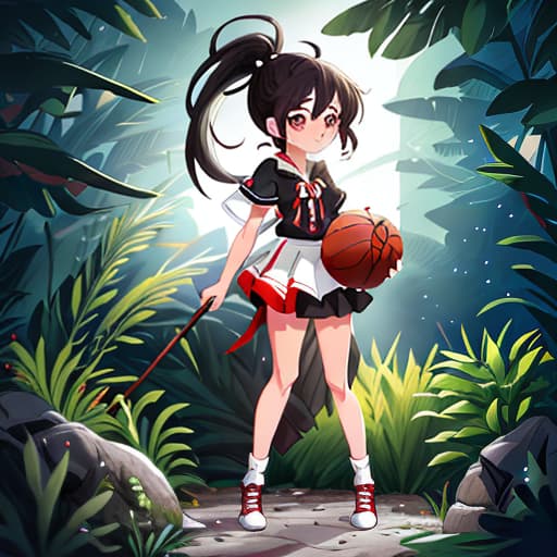  anime girl black hair bright dark brown eyes red and white basketball uniform with the number 18 and the name Nicky white and black shoes Have your hair in a medium high ponytail with two strands on the sides of your ears, have a basketball and look full body Pastel Palette, Da Vinci's Dreams, Picasso's , Sunrise Splendors, Floral Fantasy, Mystical Moonscapes, Urban Nature, Crystal Clear, Cinematic hyperrealistic, full body, detailed clothing, highly detailed, cinematic lighting, stunningly beautiful, intricate, sharp focus, f/1. 8, 85mm, (centered image composition), (professionally color graded), ((bright soft diffused light)), volumetric fog, trending on instagram, trending on tumblr, HDR 4K, 8K