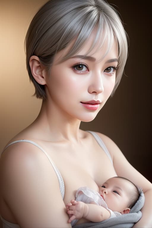  Breastfeeding Beauty Beauty Short Hair Light Silver Hair Breastful Breast Breasts Nice Smile, (Masterpiece, BestQuality:1.3), (ultra detailed:1.2), (hyperrealistic:1.3), (RAW photo:1.2),High detail RAW color photo, professional photograph, (Photorealistic:1.4), (realistic:1.4), ,professional lighting, (japanese), beautiful face, (realistic face)