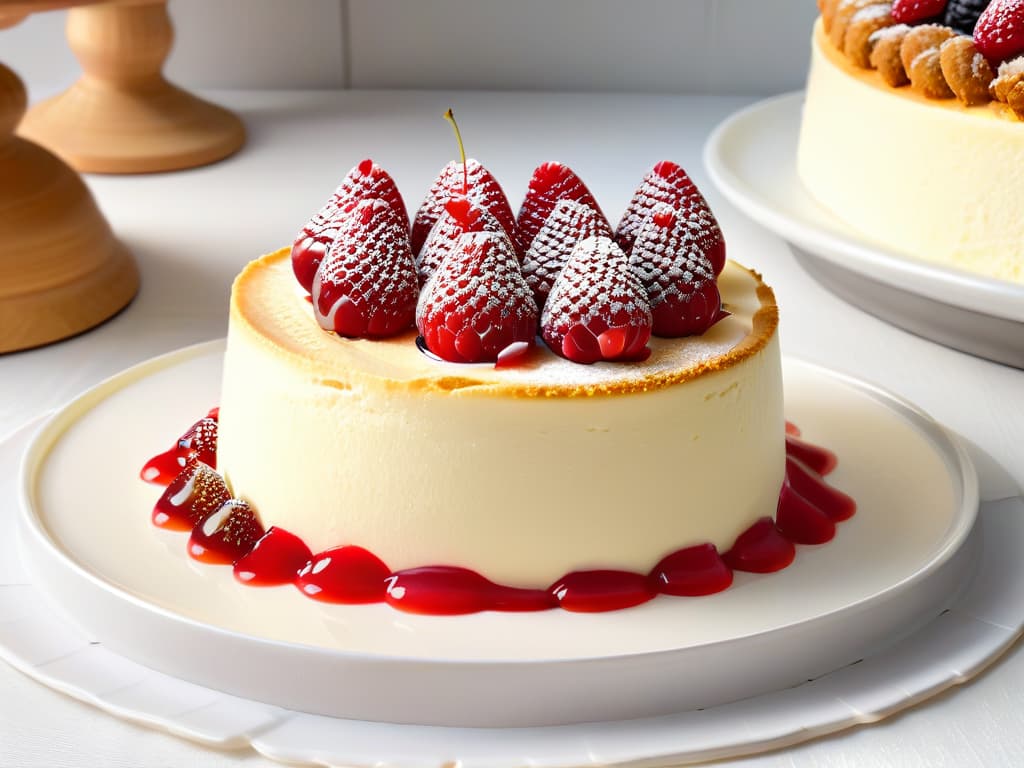  A closeup, ultradetailed image of a perfectly sliced New Yorkstyle cheesecake on a pristine white plate, showcasing the rich, creamy texture of the cheesecake filling, the golden graham cracker crust, and a dollop of vibrant red raspberry coulis elegantly drizzled on top. The image is captured in such high resolution that each individual crumb on the crust and every air bubble in the velvety smooth cheesecake filling is crystal clear, inviting the viewer to almost taste the decadent dessert through the screen. hyperrealistic, full body, detailed clothing, highly detailed, cinematic lighting, stunningly beautiful, intricate, sharp focus, f/1. 8, 85mm, (centered image composition), (professionally color graded), ((bright soft diffused light)), volumetric fog, trending on instagram, trending on tumblr, HDR 4K, 8K