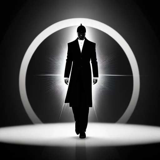  black and white image of the person standing at an angle in the center, symmetrical, rays coming out from behind them, minimalistic, flat design, hyper realistic, high resolution, high contrast, symetrical lines leading to each end of screen, symetric patterns around him, he is walking towards camera，