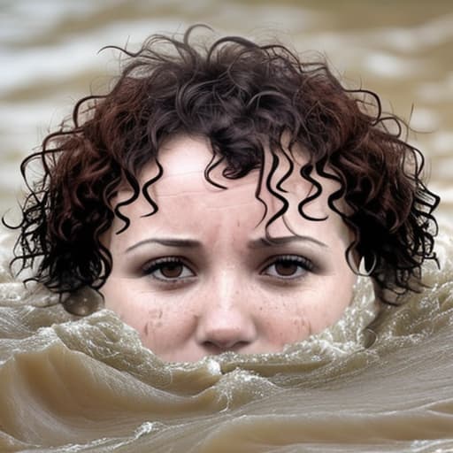  woman's face with short and curly hair drowning in the river