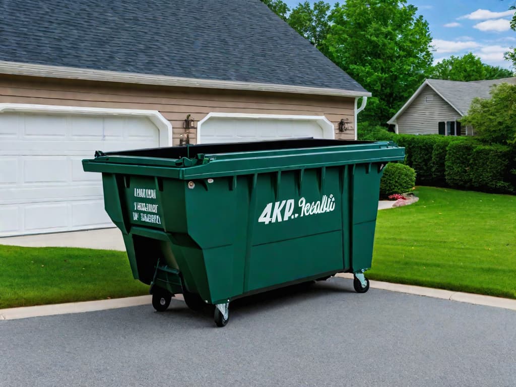  realistic photograph of an example of dumpster rental in the driveway, parallel to it from north south, 4k, no people