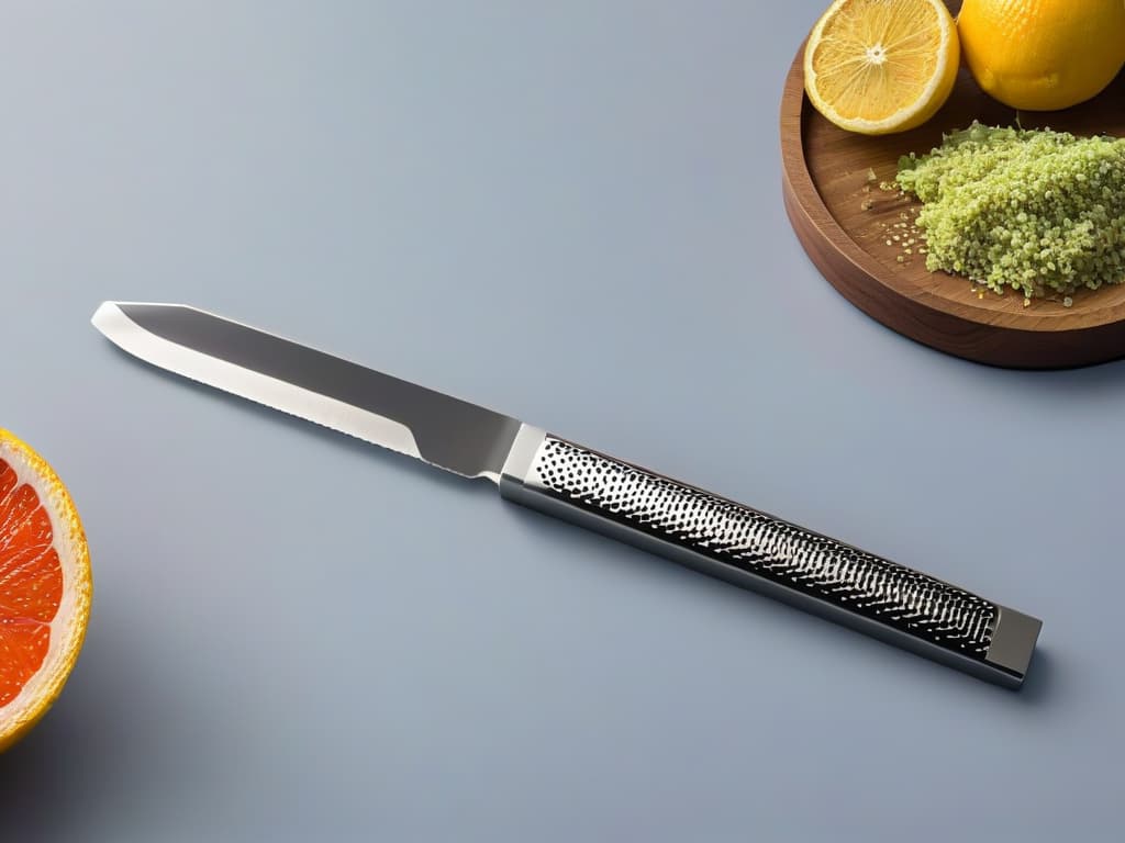  An ultradetailed 8k image of a sleek, modern stainless steel zester with a comfortable ergonomic handle, featuring sharp, precise blades elegantly designed for effortless citrus zest and spice grating. The zester is set against a clean, white background, highlighting its minimalist and professional aesthetic, perfect for expert pastry chefs and baking enthusiasts. hyperrealistic, full body, detailed clothing, highly detailed, cinematic lighting, stunningly beautiful, intricate, sharp focus, f/1. 8, 85mm, (centered image composition), (professionally color graded), ((bright soft diffused light)), volumetric fog, trending on instagram, trending on tumblr, HDR 4K, 8K